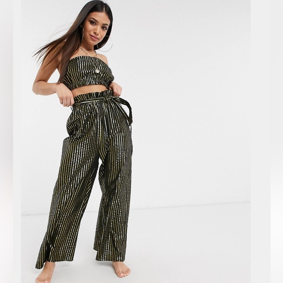 ASOS Petite Gold Metallic Stripe Bandeau Tube Top with Paper-bag High Waist Pant - Picture 3 of 15